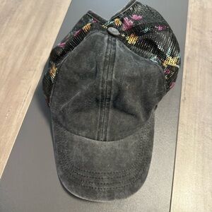 Mudd Floral Distressed Ponytail Hat